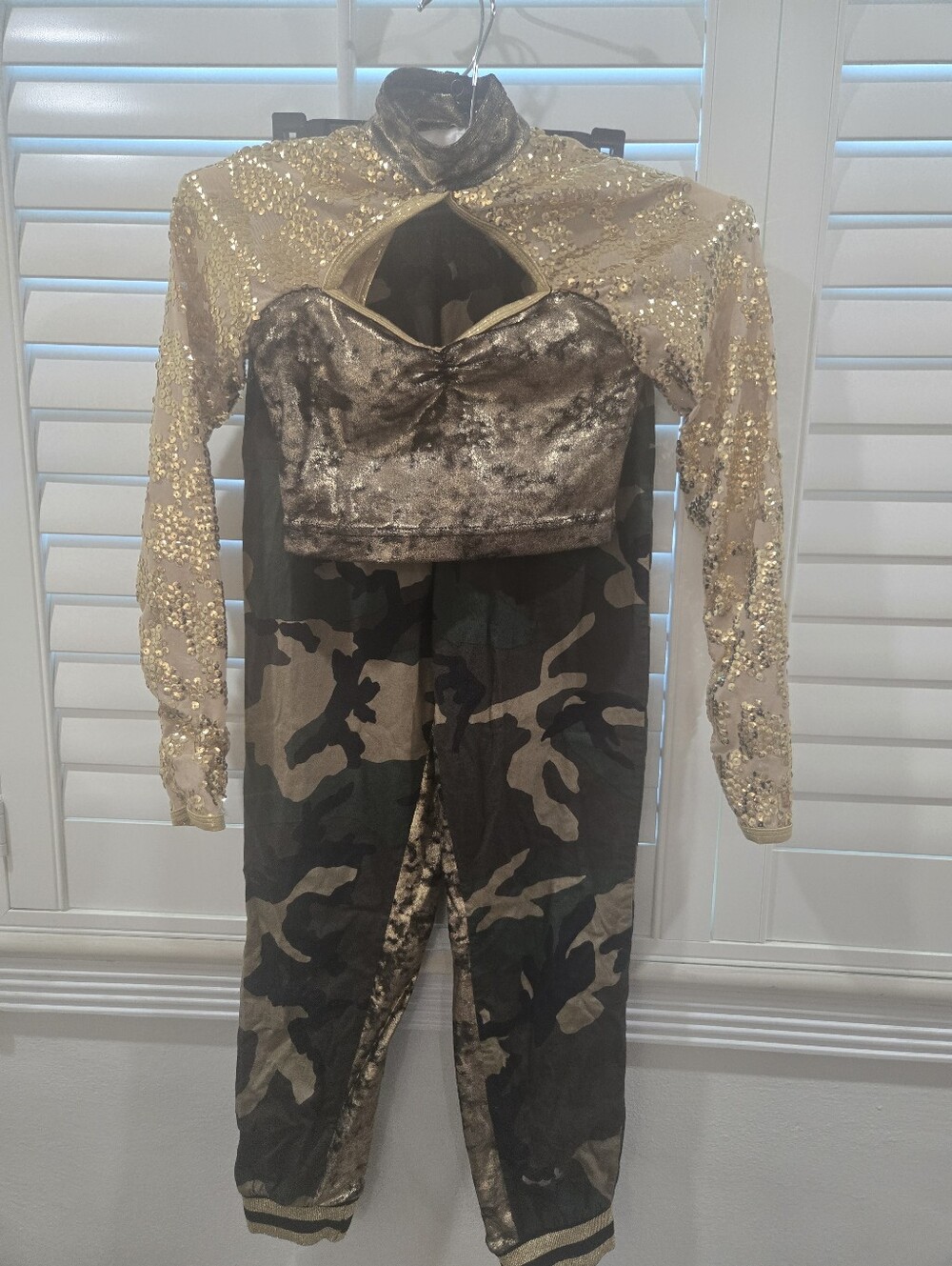 Halloween Costume -Gold Sequin Velvet Crop Top and Camo Jogger Set